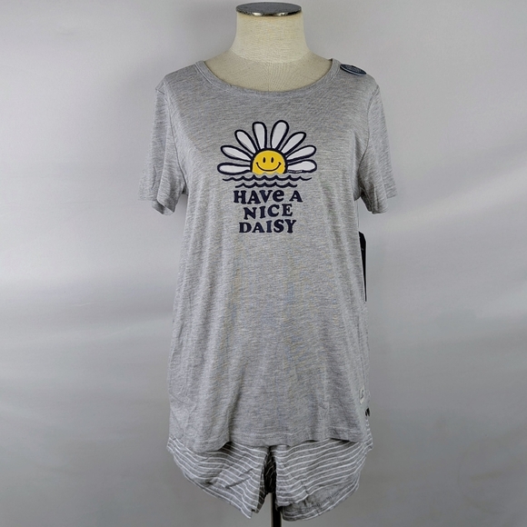 Life Is Good Have A Nice Daisy PJ Set Short Sleeve Top Shorts Grey M NWT - Picture 1 of 11